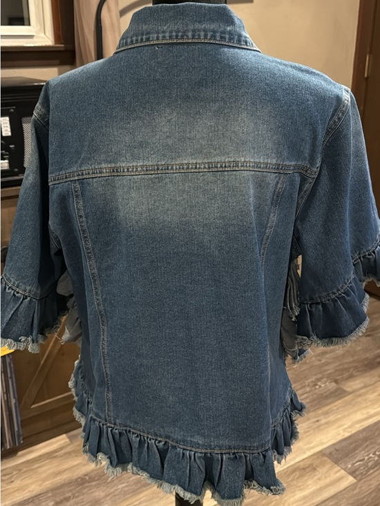 Women's Light Blue Denim Ruffle Jean Jacket - Picture 3 of 3